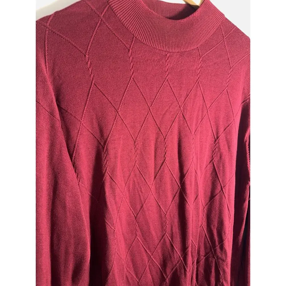 Burgundy Silk Cotton blend Argyle Knit Mock Neck Sweater‎ Men’s Large Bachrach
